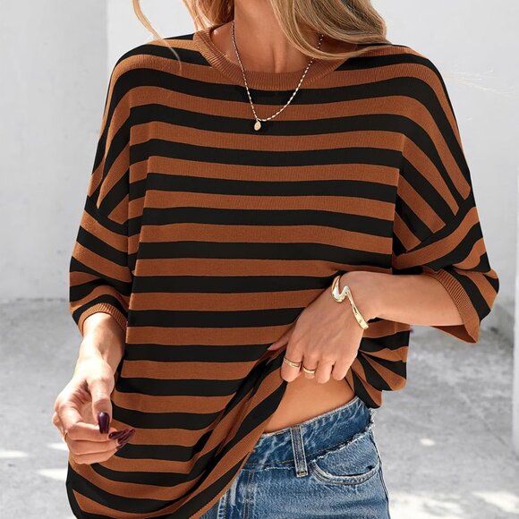 Women's Lightweight Knit Short Sleeve Top Spring Summer Crew Neck Oversized - Picture 2 of 8